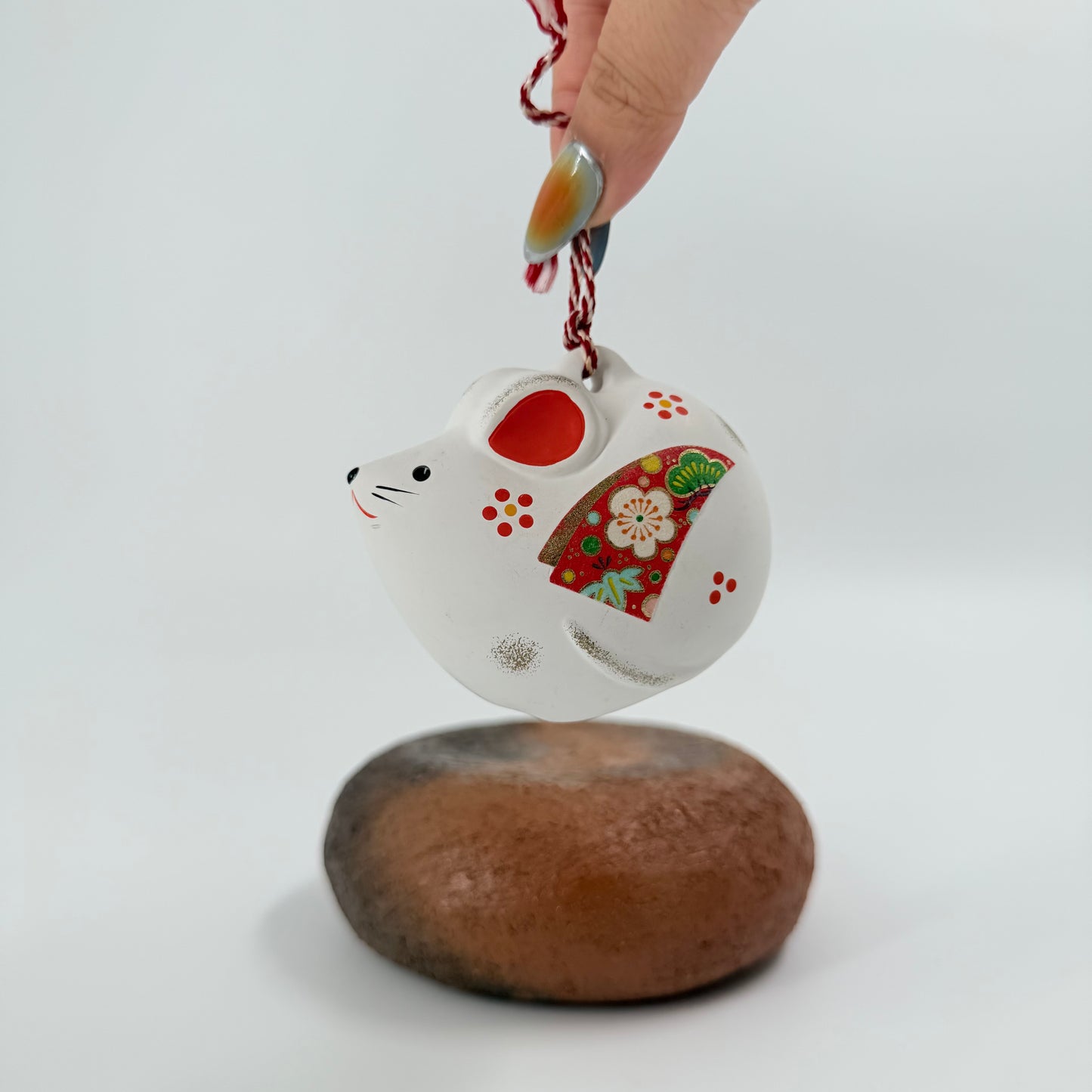 Japanese Lucky Rat Figurine (Nezumi) – Ceramic Ornament with Red Cord & Floral Detail | 子