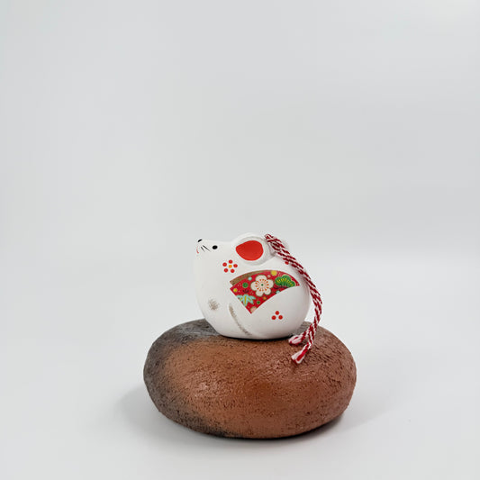 Japanese Lucky Rat Figurine (Nezumi) – Ceramic Ornament with Red Cord & Floral Detail | 子
